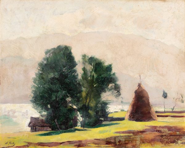 Bäume und Heuschober vor dem Höllengebirge, 37x46,Lutz Anton(1)